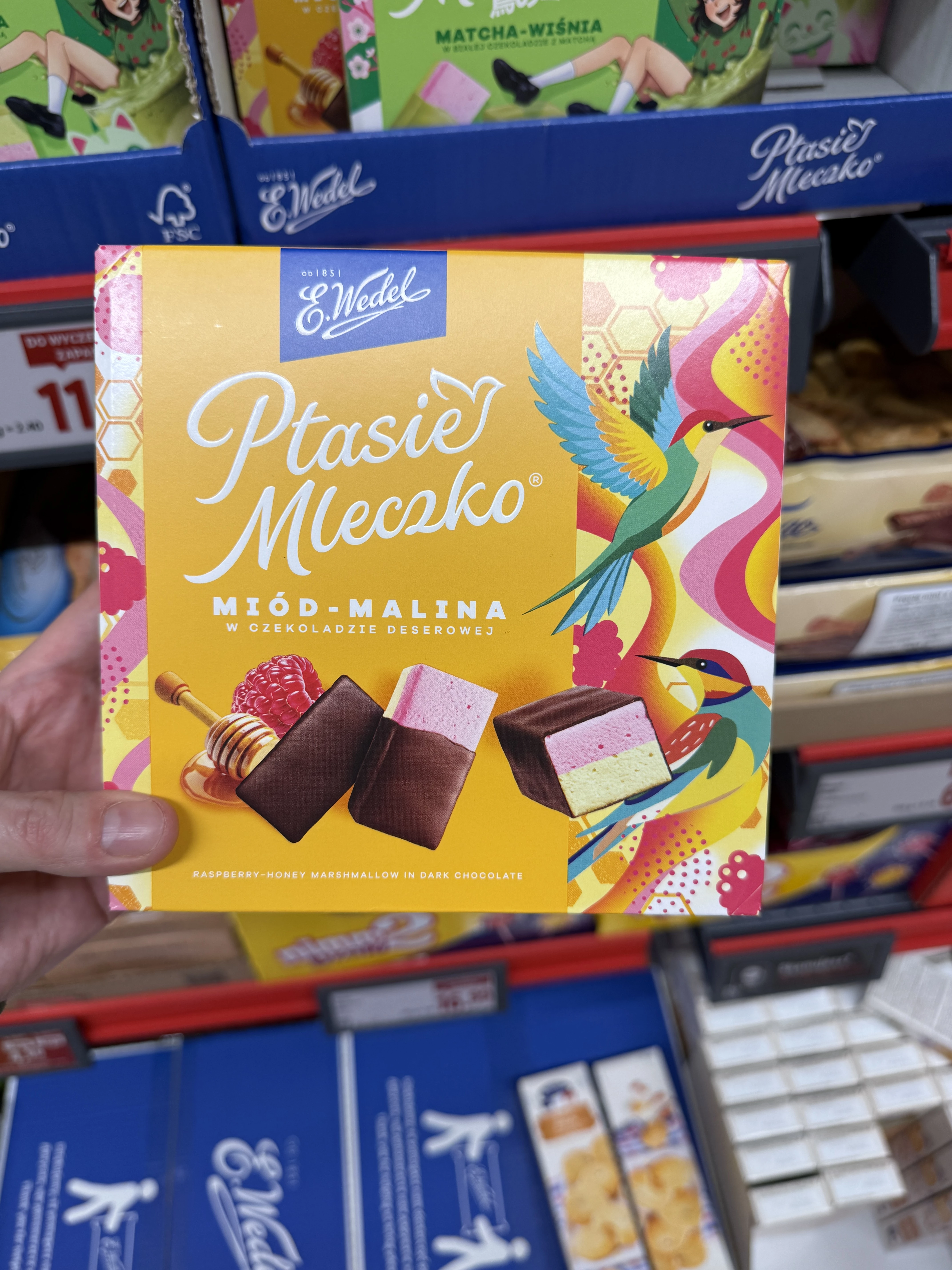 E. Wedel Ptasie mleczko miód-malina w czekoladzie deserowej | 340g