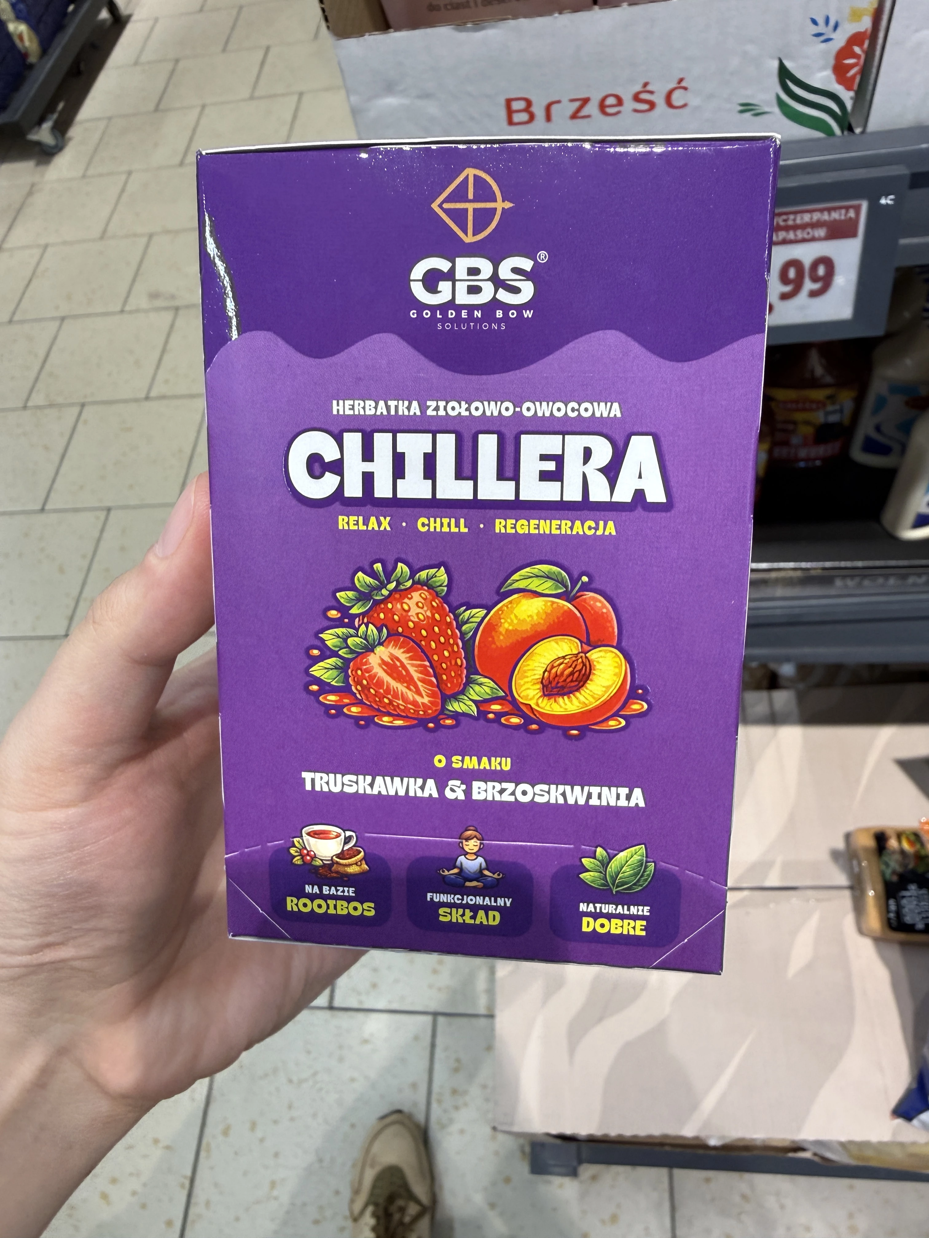 GBS Chillera Herbatka ziołowo-owocowa o smaku truskawki i brzoskwini, z rooibos, melisą, lawendą i bazylią świętą | 36g
