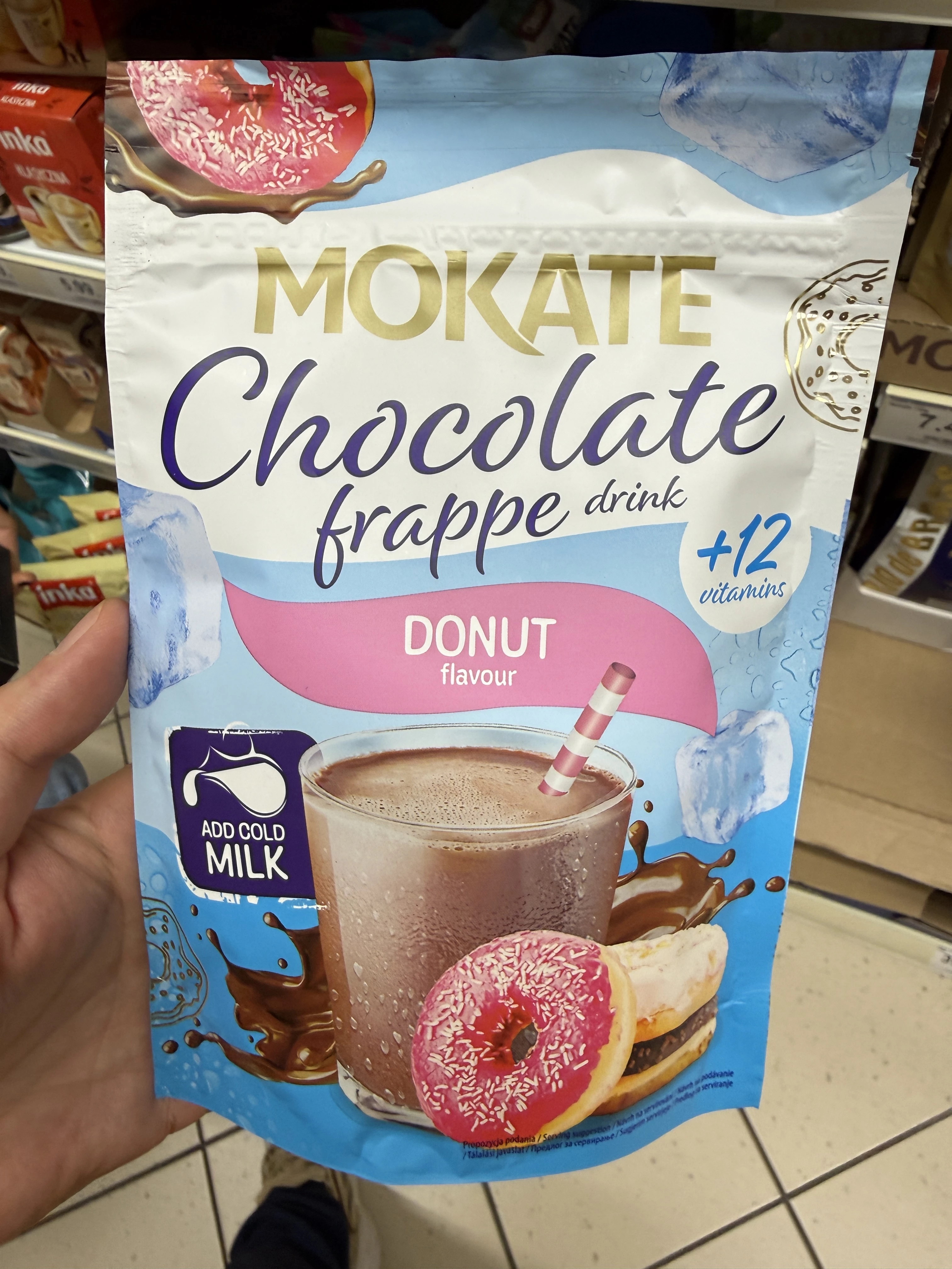 Mokate Chocolate frappe drink Donut flavour / Rozpuszczalny napój czekoladowy w proszku o smaku donata z dodatkiem witamin | 104g