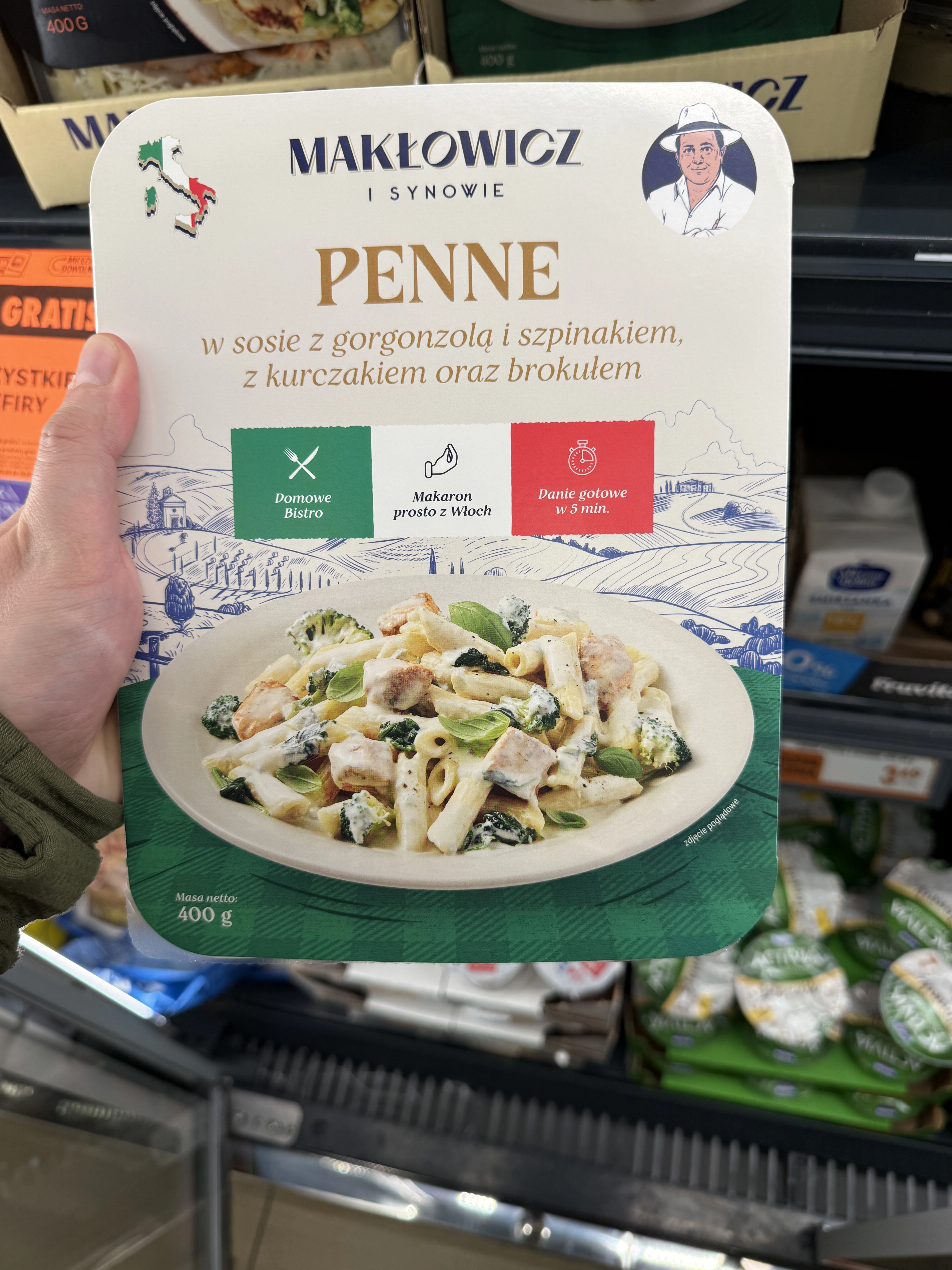 Makłowicz i Synowie Penne w sosie z gorgonzolą i szpinakiem, z kurczakiem oraz brokułem | 400g