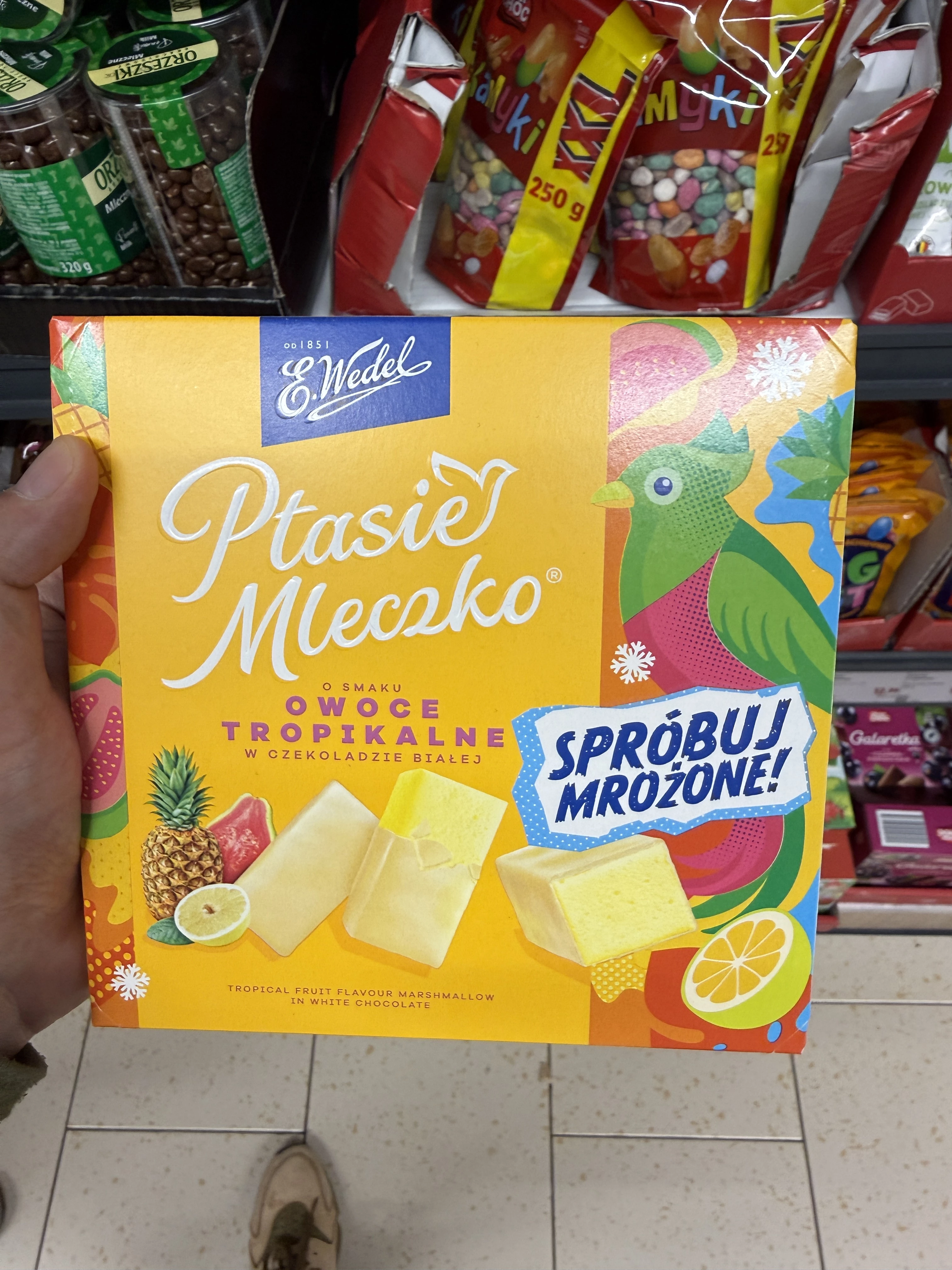 E. Wedel Ptasie Mleczko o smaku owoce tropikalne w czekoladzie białej | 340g