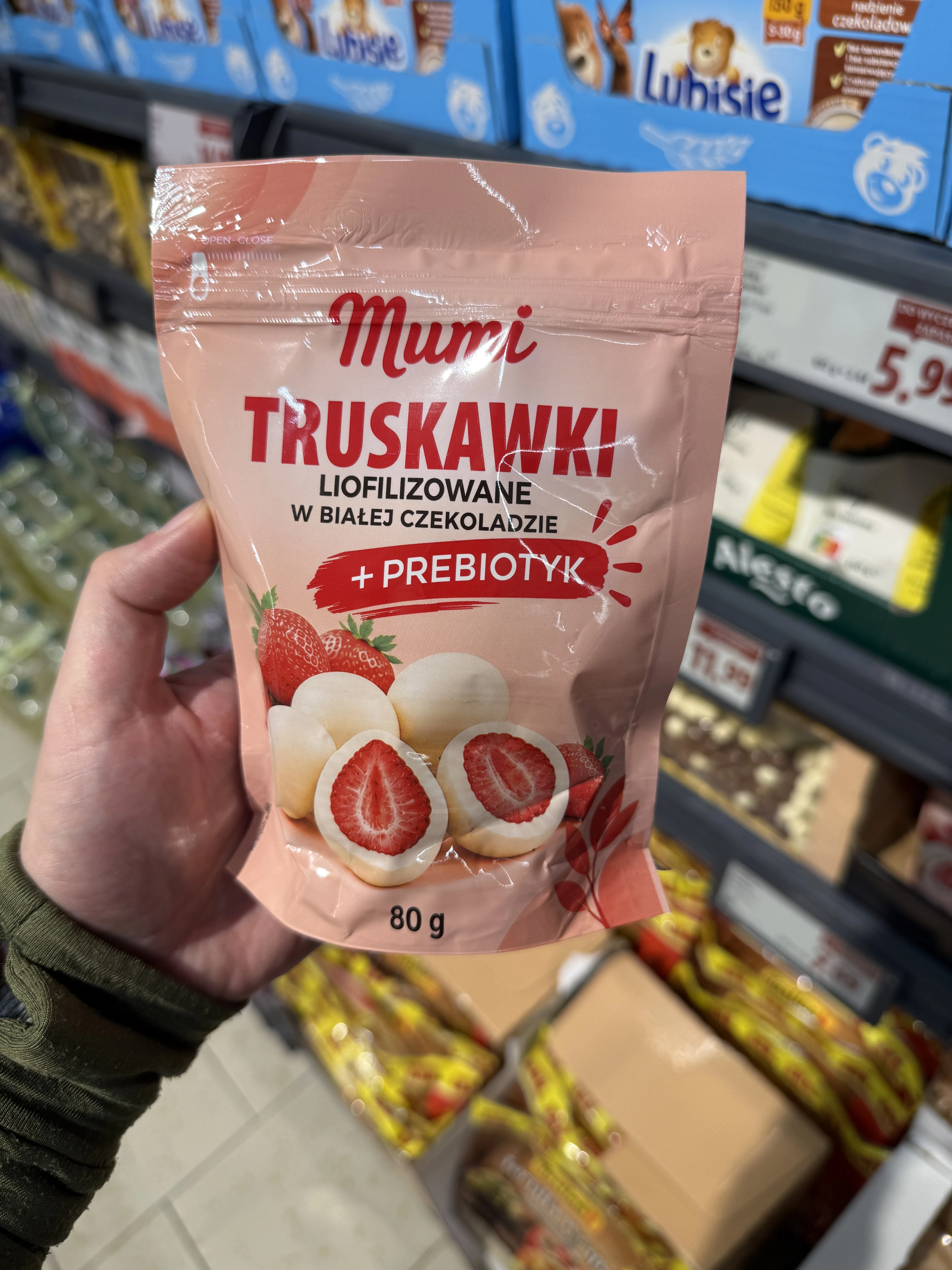 Mumi Truskawki liofilizowane w białej czekoladzie + prebiotyk | 80g