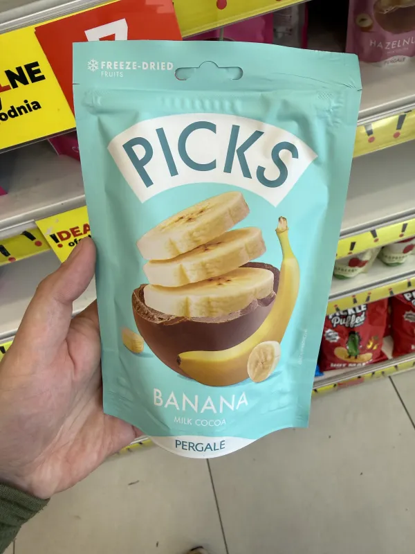 Pergalė Picks Banana Milk Cocoa / Drażetki z liofilizowanym bananem w polewie mleczno-kakaowej | 90g
