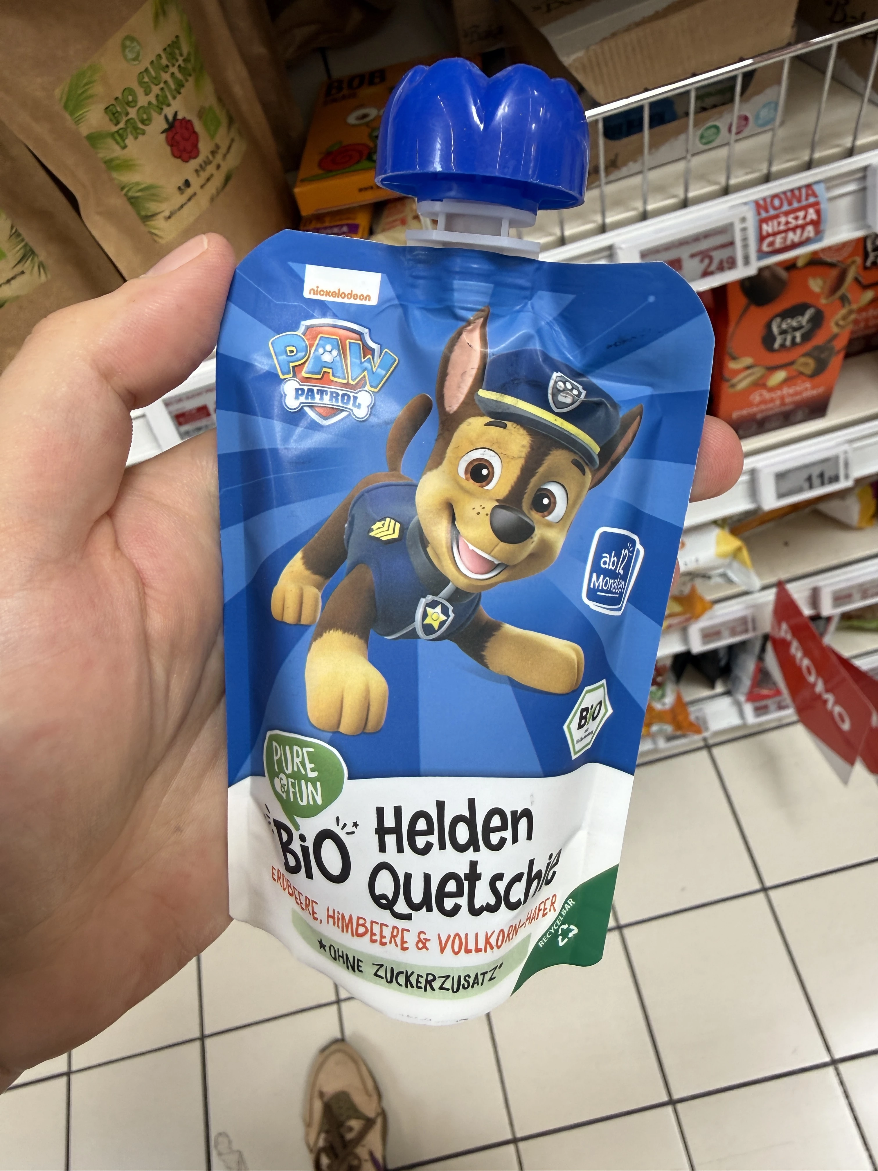 Pure & Fun PAW Patrol Bio Helden Quetschie Chase (Erdbeere, Himbeere & Vollkorn-Hafer) | 100g