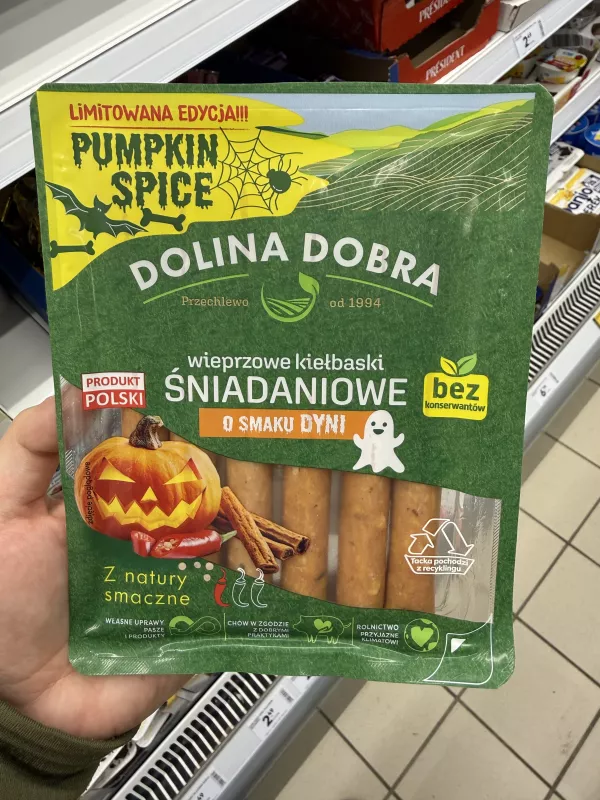 Dolina Dobra Wieprzowe kiełbaski śniadaniowe o smaku dyni Pumpkin Spice (edycja limitowana) | 200g