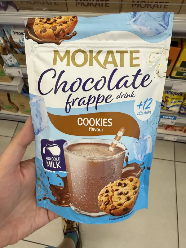 Mokate Chocolate frappe drink Cookies flavour / Rozpuszczalny napój czekoladowy w proszku o smaku ciasteczkowym z dodatkiem witamin | 104g