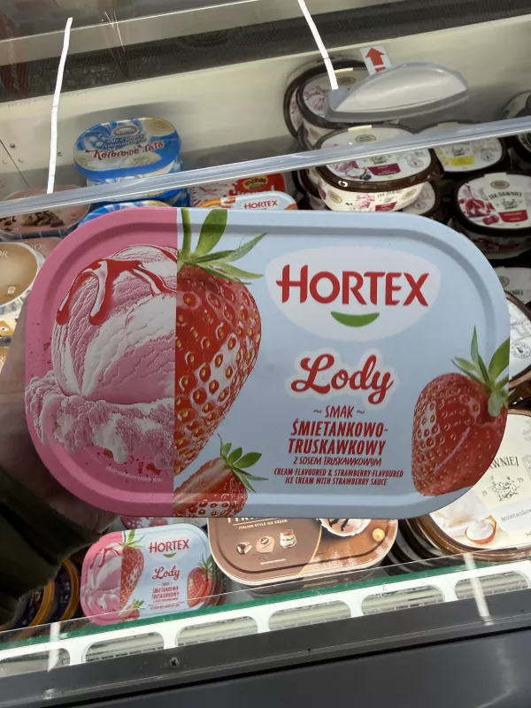 Hortex Lody smak śmietankowo-truskawkowy z sosem truskawkowym | 900ml / 470g