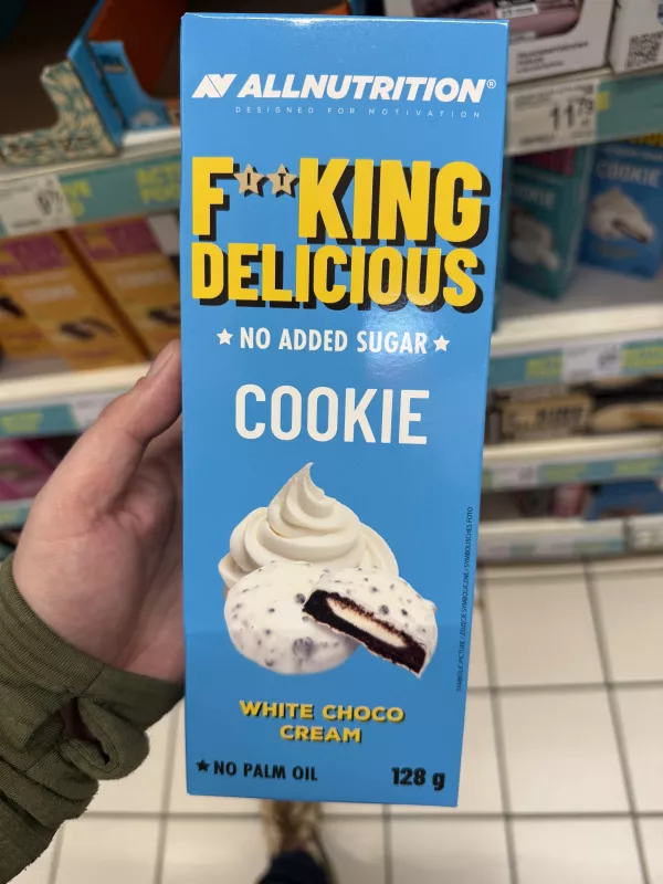 Allnutrition F**king Delicious No Added Sugar Cookie White Choco Cream / Ciasteczka kakaowe z kremem mlecznym i białą polewą | 128g