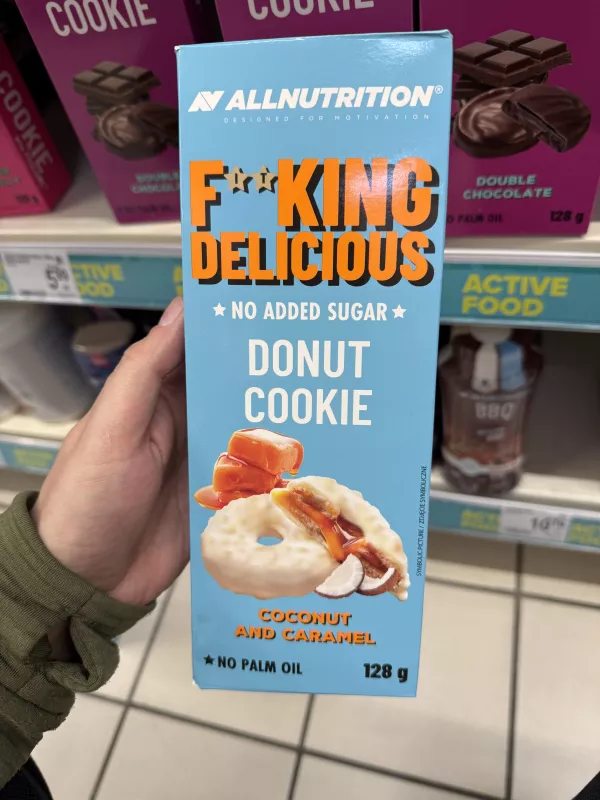 Allnutrition F**king Delicious No Added Sugar Donut Cookie Coconut and Caramel / Ciastka z masą karmelową i wiórkami kokosowymi w polewie mlecznej | 128g