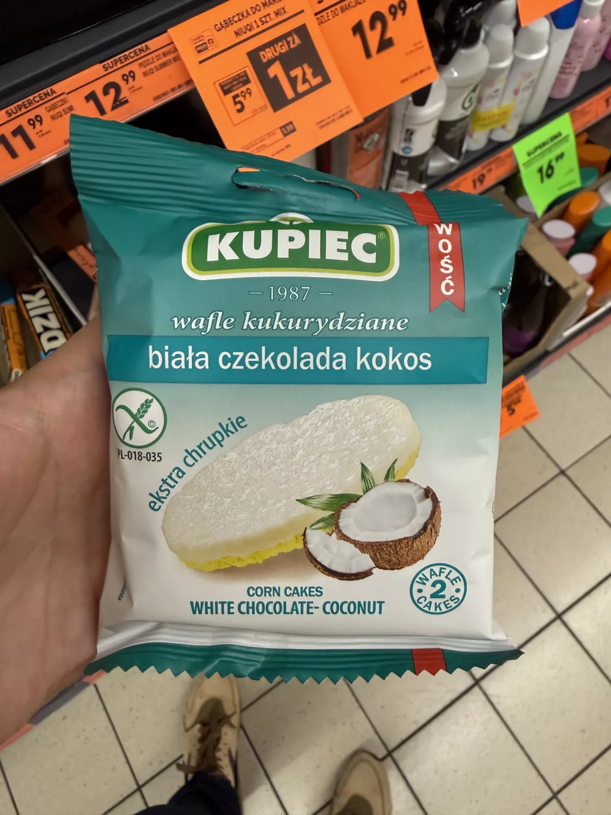 Kupiec Wafle kukurydziane biała czekolada kokos | 31g