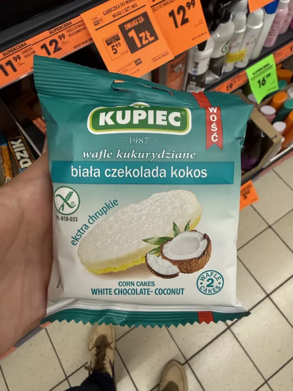 Kupiec Wafle kukurydziane biała czekolada kokos | 31g