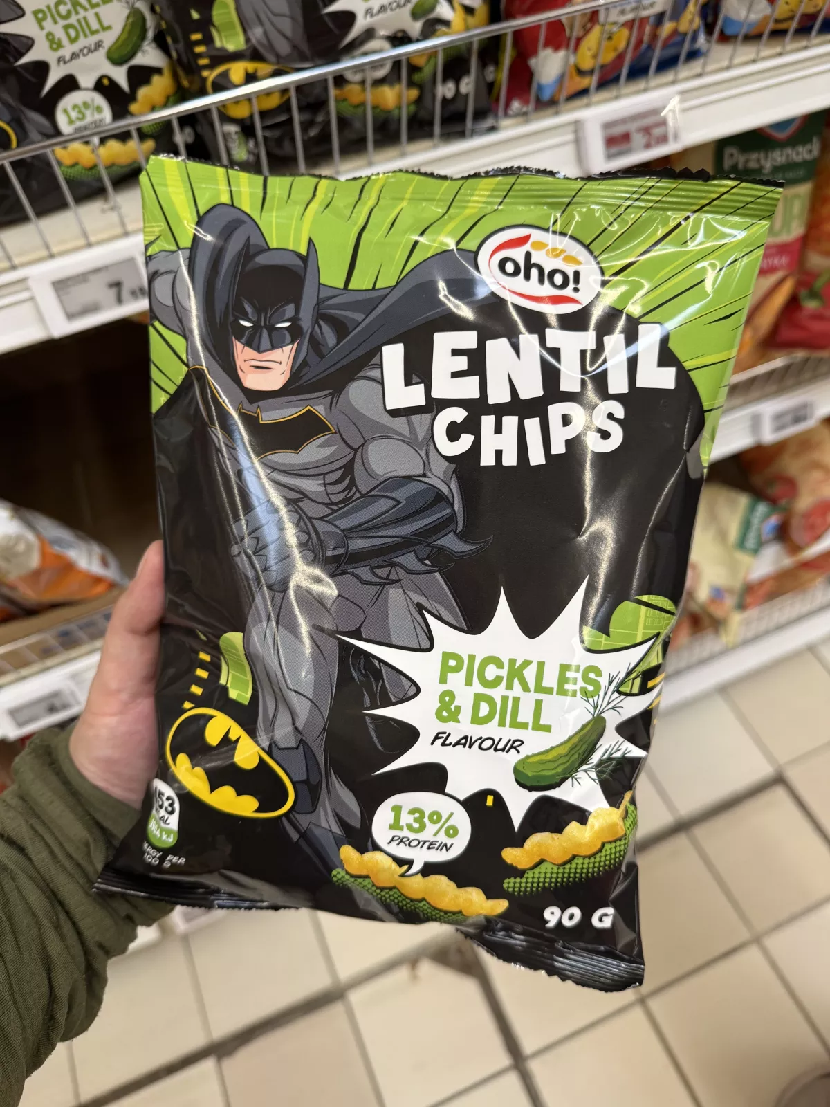 OHO Lentil Chips Batman Pickles & Dill Flavour / Przekąska z czerwonej soczewicy o smaku ogórka kiszonego i koperku | 90g