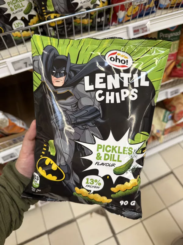 OHO Lentil Chips Batman Pickles & Dill Flavour / Przekąska z czerwonej soczewicy o smaku ogórka kiszonego i koperku | 90g