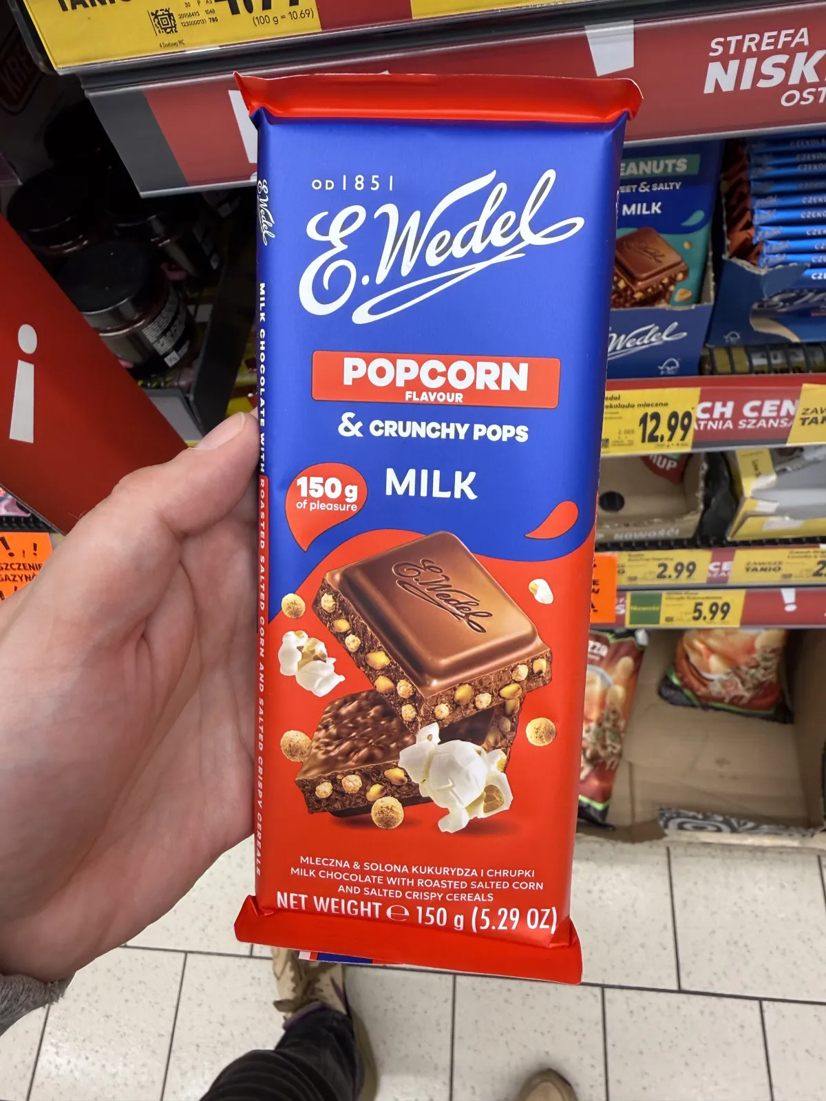 E. Wedel Popcorn Flavour & Crunchy Pops Milk / Czekolada mleczna z soloną kukurydzą i chrupkami | 150g
