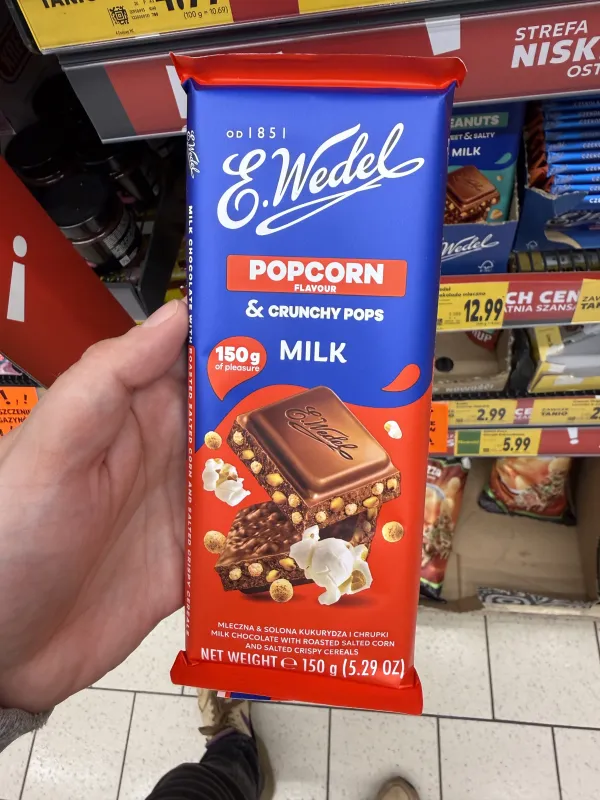 E. Wedel Popcorn Flavour & Crunchy Pops Milk / Czekolada mleczna z soloną kukurydzą i chrupkami | 150g