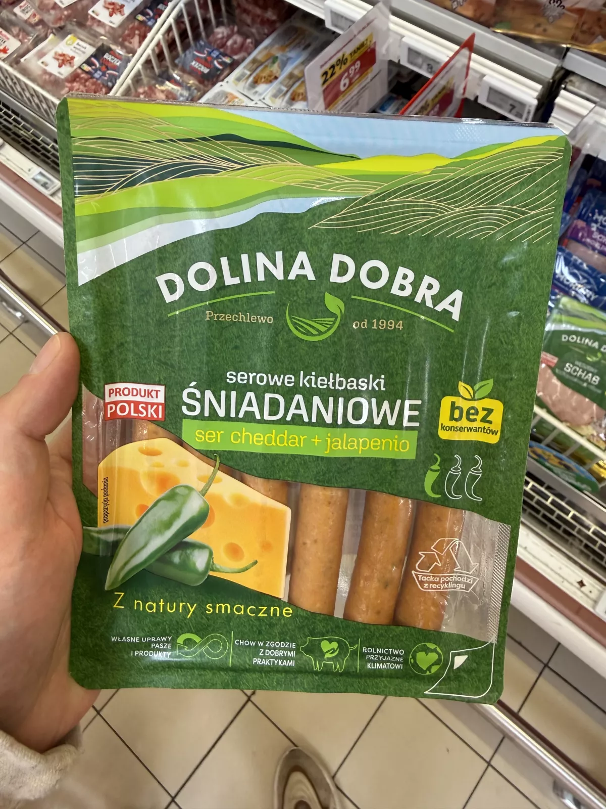 Dolina Dobra Serowe kiełbaski śniadaniowe ser cheddar + jalapeño | 200g