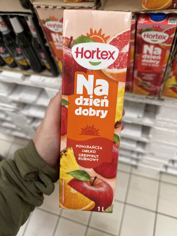 Hortex Na dzień dobry Sok 100% pomarańcza, jabłko, grejpfrut rubinowy (bez napisu „100% sok” na froncie) | 1000ml